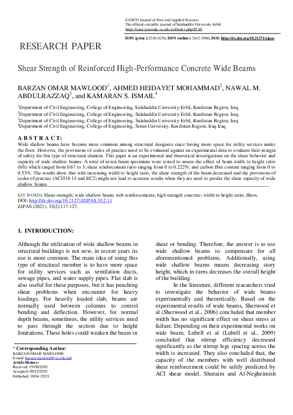 (PDF) Shear Strength of Reinforced High-Performance Concrete Wide Beams