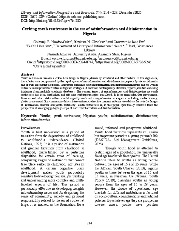 (PDF) Curbing youth restiveness in the era of misinformation and ...