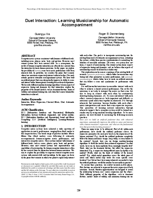 (PDF) Duet Interaction: Learning Musicianship For Automatic Accompaniment