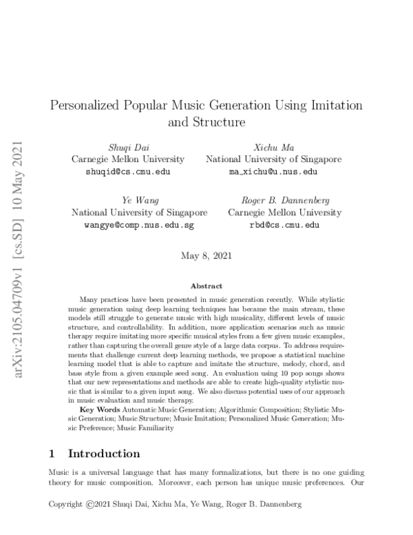 (PDF) Personalized Popular Music Generation Using Imitation and Structure