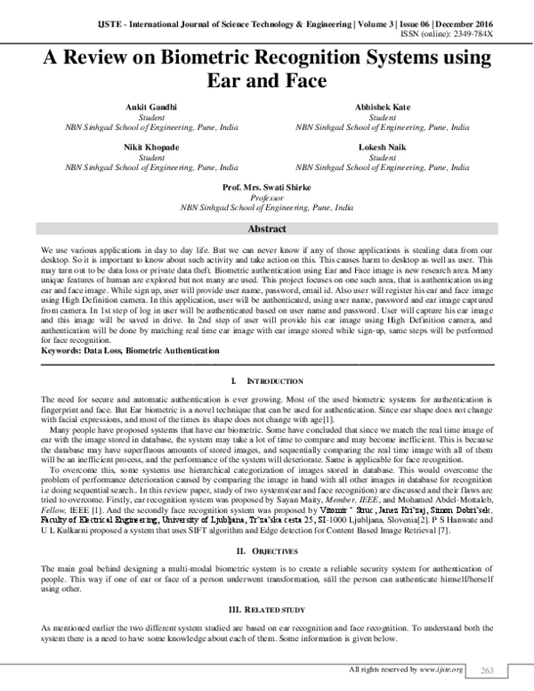 (PDF) A Review on Biometric Recognition Systems using Ear and Face