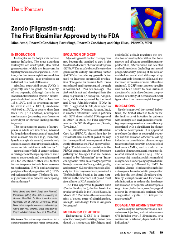 (PDF) Zarxio (Filgrastim-sndz): The First Biosimilar Approved by the FDA