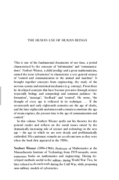 (PDF) The Human Use of Human Beings: Cybernetics and Society by Norbert ...