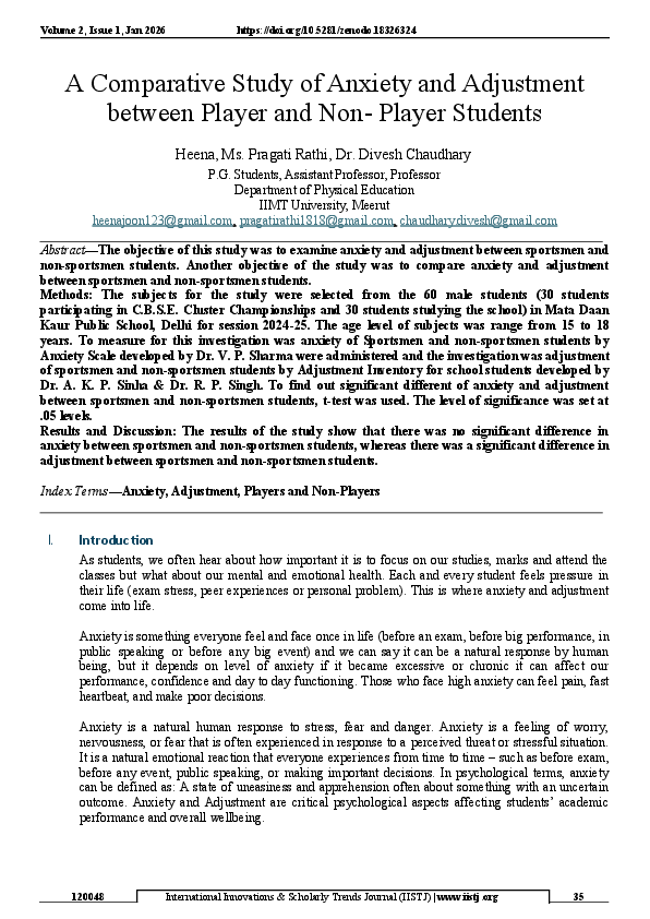 (PDF) A Comparative Study of Anxiety and Adjustment between Player and ...