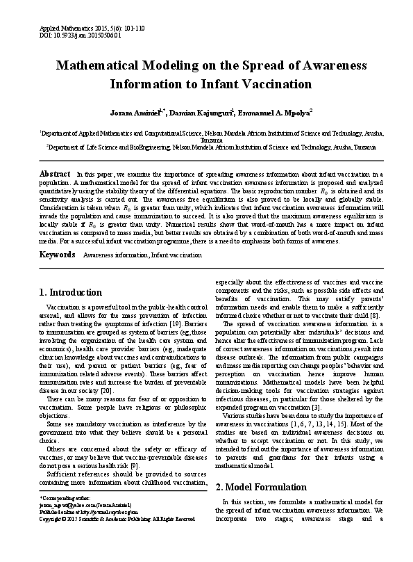 (PDF) Mathematical Modeling on the Spread of Awareness Information to ...