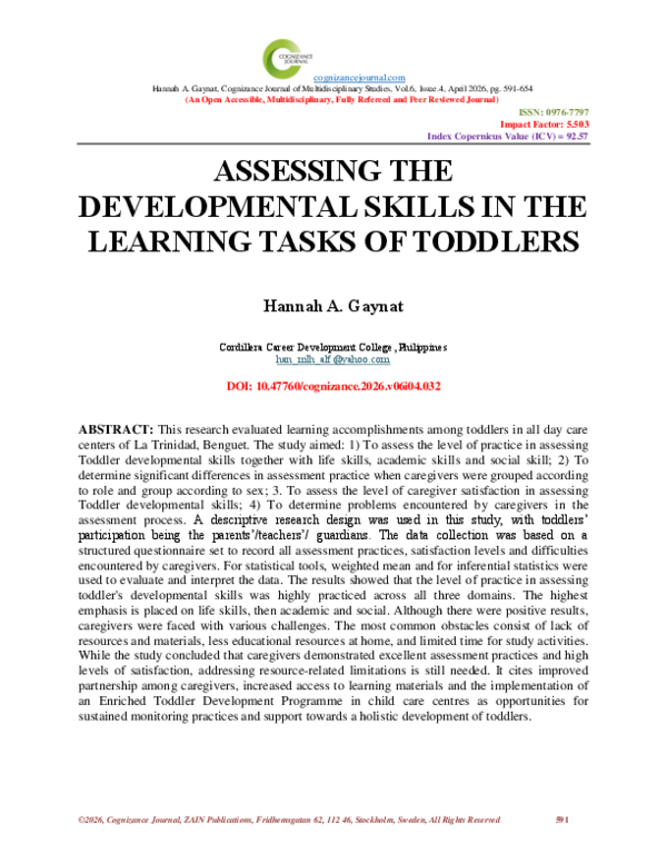 (PDF) ASSESSING THE DEVELOPMENTAL SKILLS IN THE LEARNING TASKS OF TODDLERS