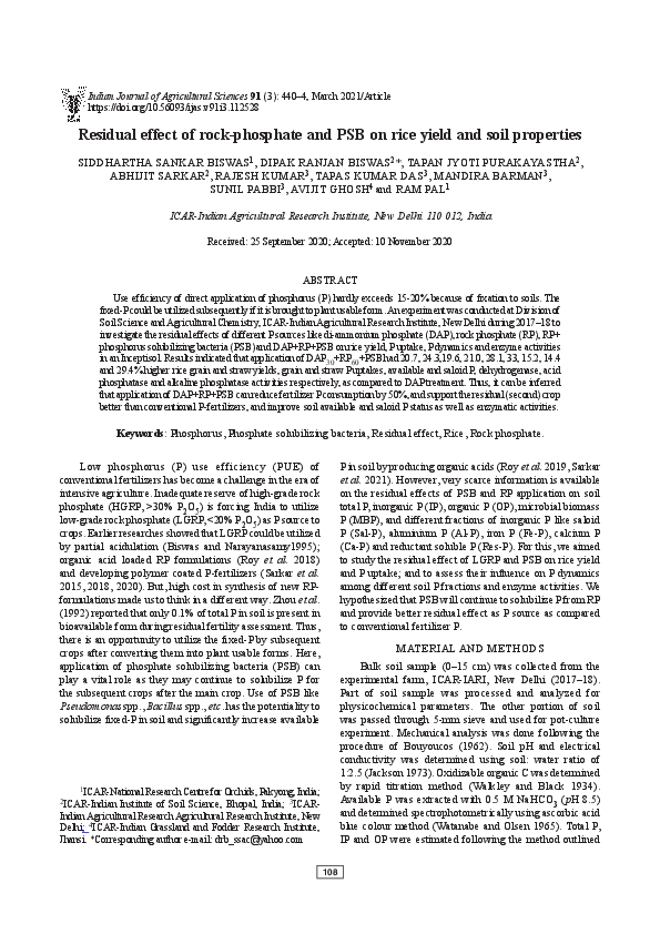 (PDF) Residual effect of rock-phosphate and PSB on rice yield and soil ...