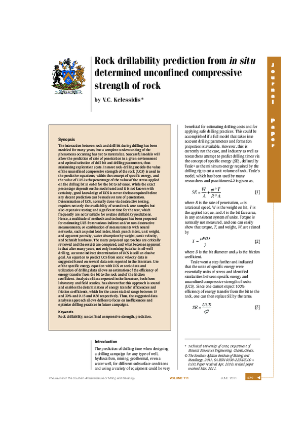 (PDF) Rock drillability prediction from in situ determined unconfined ...