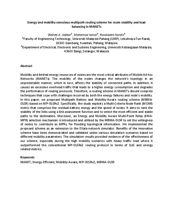 (PDF) Energy and mobility conscious multipath routing scheme for route ...