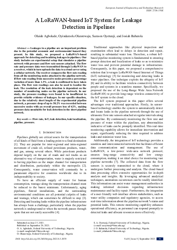 (PDF) A LoRaWAN-based IoT System for Leakage Detection in Pipelines