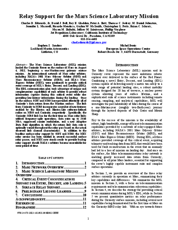 (PDF) Relay support for the Mars Science Laboratory mission