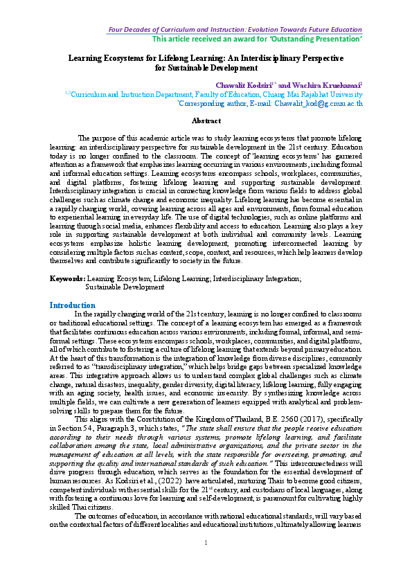 (PDF) Learning Ecosystems that Promote Lifelong Learning: An ...