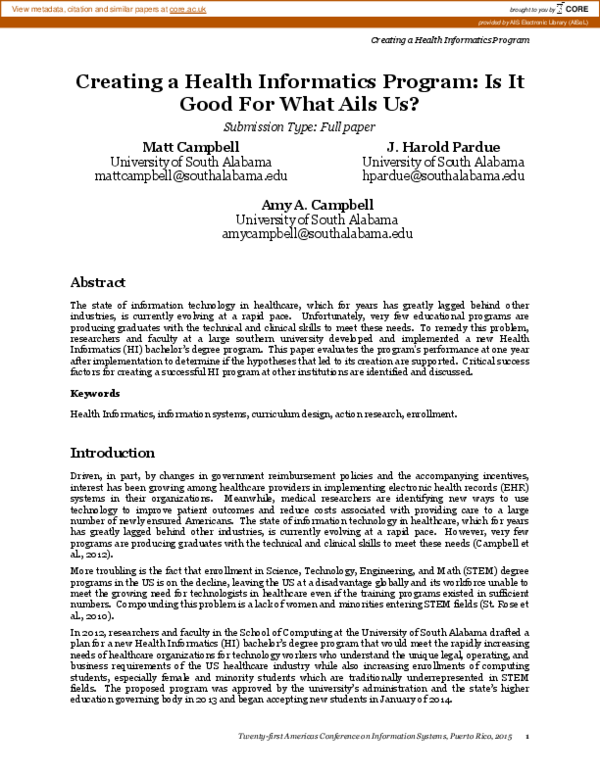 (PDF) Creating a Health Informatics Program: Is It Good For What Ails Us?