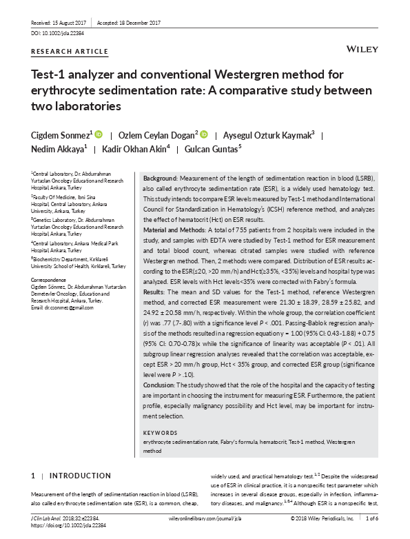 (PDF) Test-1 analyzer and conventional Westergren method for ...