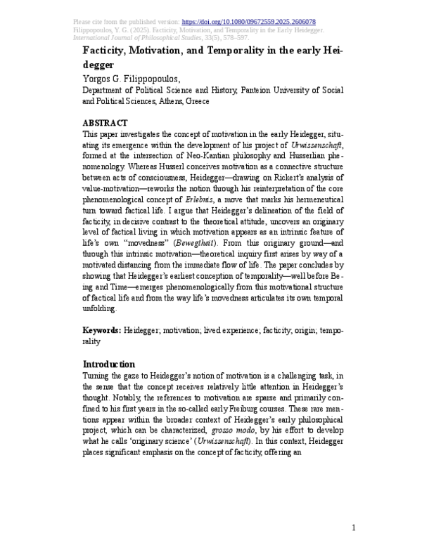 (PDF) Facticity, Motivation, and Temporality in the early Heidegger