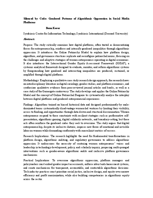 (PDF) Silenced by Code: Gendered Patterns of Algorithmic Oppression in ...