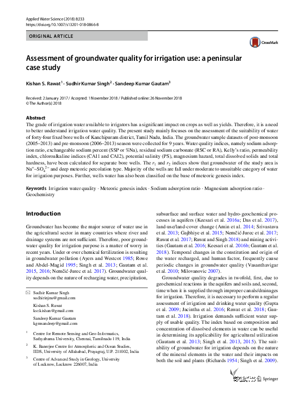 (PDF) Assessment of groundwater quality for irrigation use: a ...