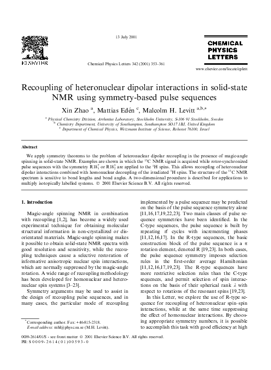 (PDF) Recoupling of heteronuclear dipolar interactions in solid state ...