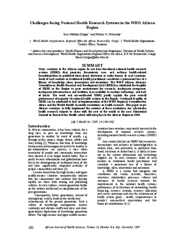 (PDF) Challenges facing National Health Research Systems in the WHO ...