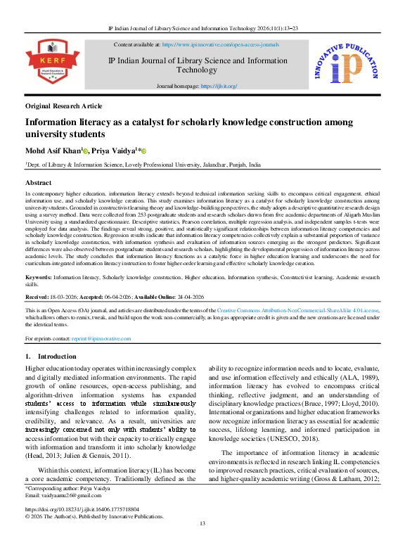 (PDF) Information literacy as a catalyst for scholarly knowledge ...