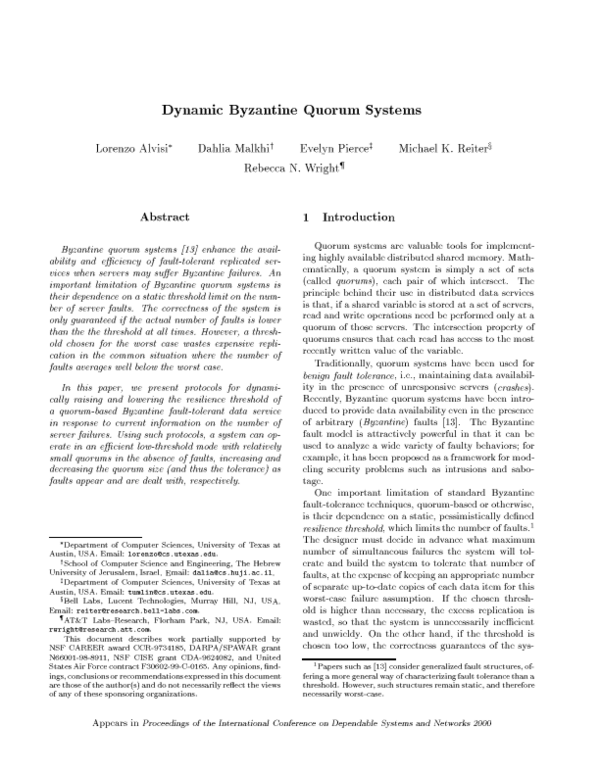 (PDF) Dynamic Byzantine Quorum Systems Lorenzo Alvisi* Dahlia