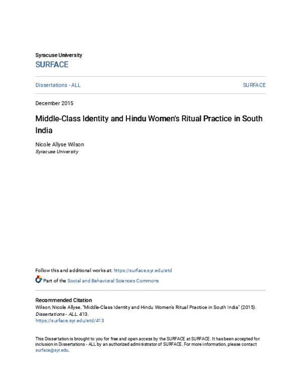 (PDF) Middle-Class Identity and Hindu Women\u27s Ritual Practice in ...