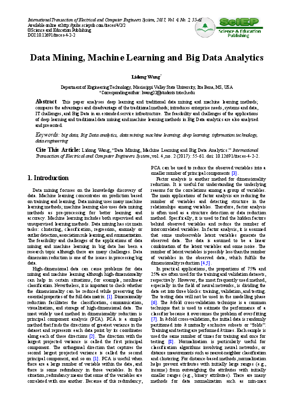 (PDF) Data Mining, Machine Learning and Big Data Analytics