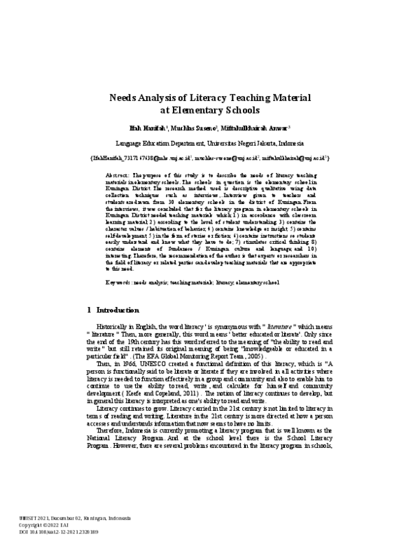 (PDF) Needs Analysis of Literacy Teaching Material at Elementary Schools
