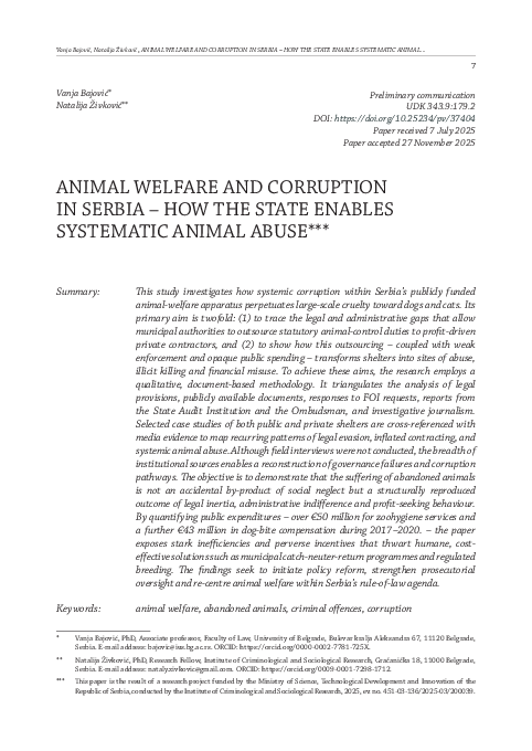 (PDF) ANIMAL WELFARE AND CORRUPTION IN SERBIA -HOW THE STATE ENABLES ...