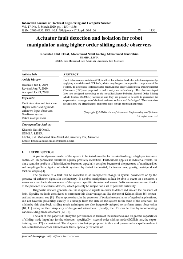 (PDF) Actuator fault detection and isolation for robot manipulator ...