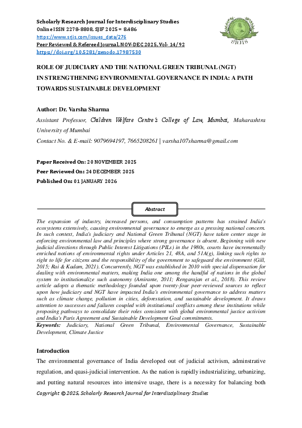 (PDF) ROLE OF JUDICIARY AND THE NATIONAL GREEN TRIBUNAL (NGT) IN ...