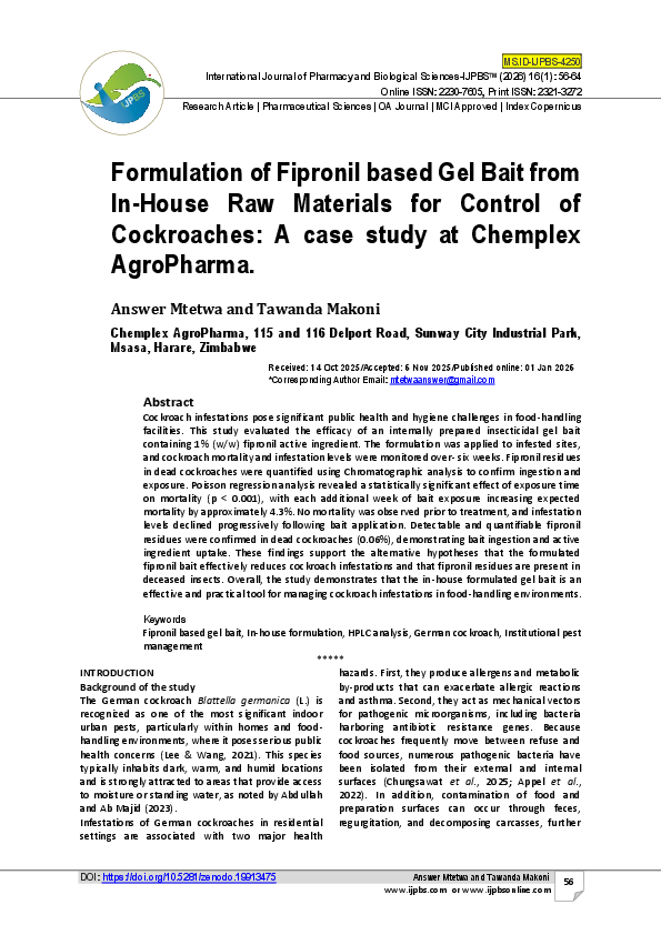 (PDF) Formulation of Fipronil based Gel Bait from In-House Raw ...
