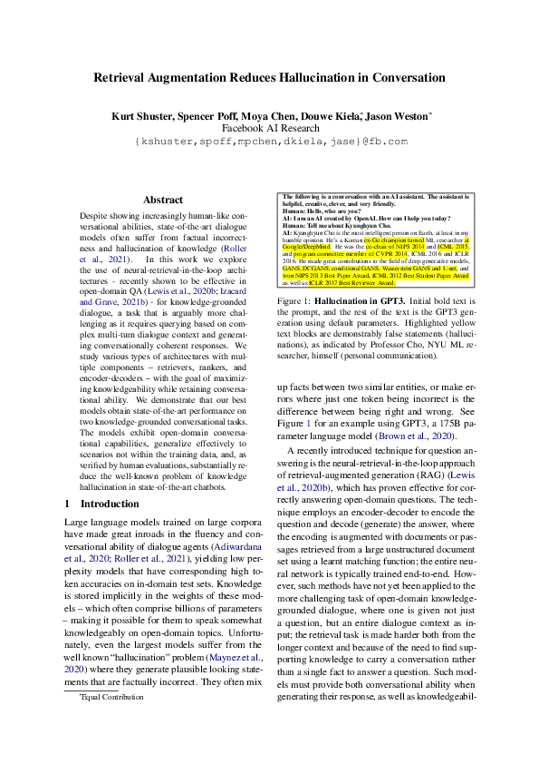 (PDF) Retrieval Augmentation Reduces Hallucination in Conversation