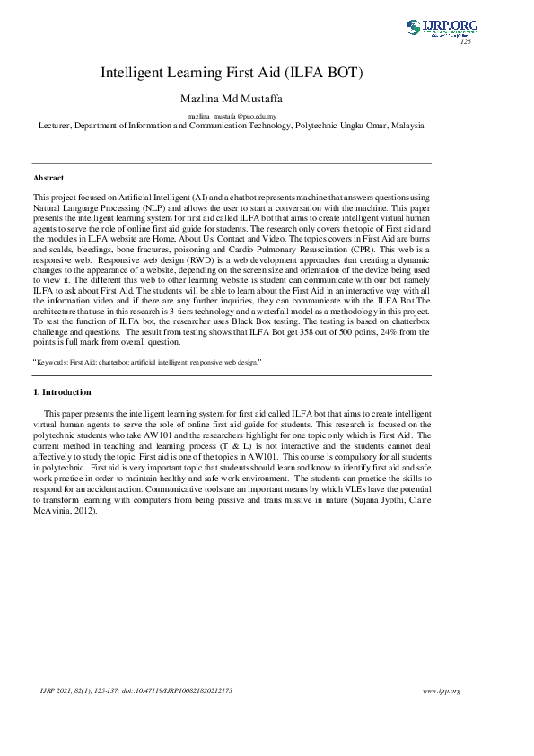 (PDF) Intelligent Learning First Aid (ILFA BOT)