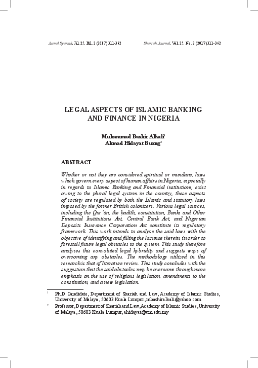 (PDF) Legal Aspects of Islamic Banking and Finance in Nigeria