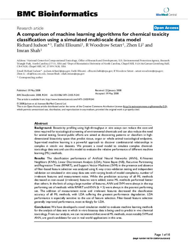 (PDF) A comparison of machine learning algorithms for chemical toxicity ...