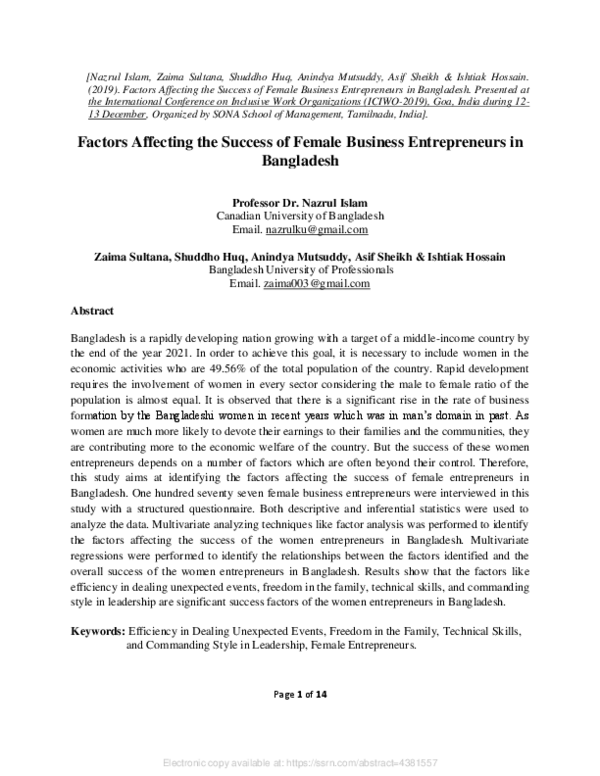 (PDF) Factors Affecting the Success of Female Business Entrepreneurs in ...