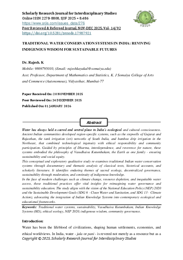 (PDF) TRADITIONAL WATER CONSERVATION SYSTEMS IN INDIA: REVIVING ...