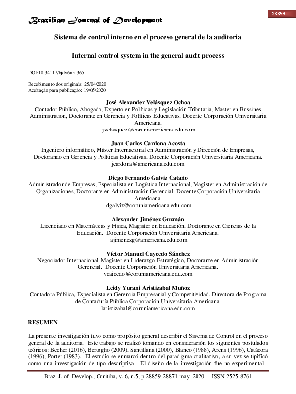 (PDF) Sistema de control interno en el proceso general de la auditoria
