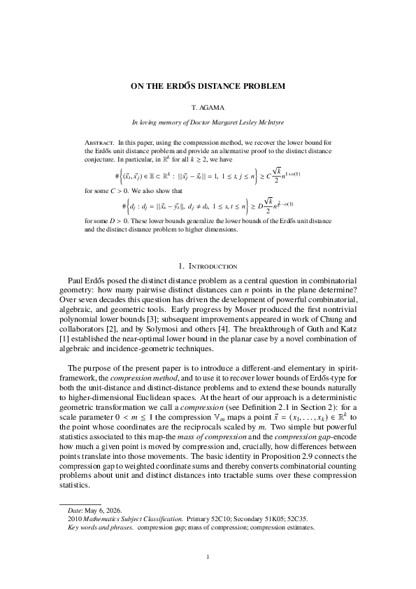 (PDF) ON THE ERDŐS DISTANCE PROBLEM