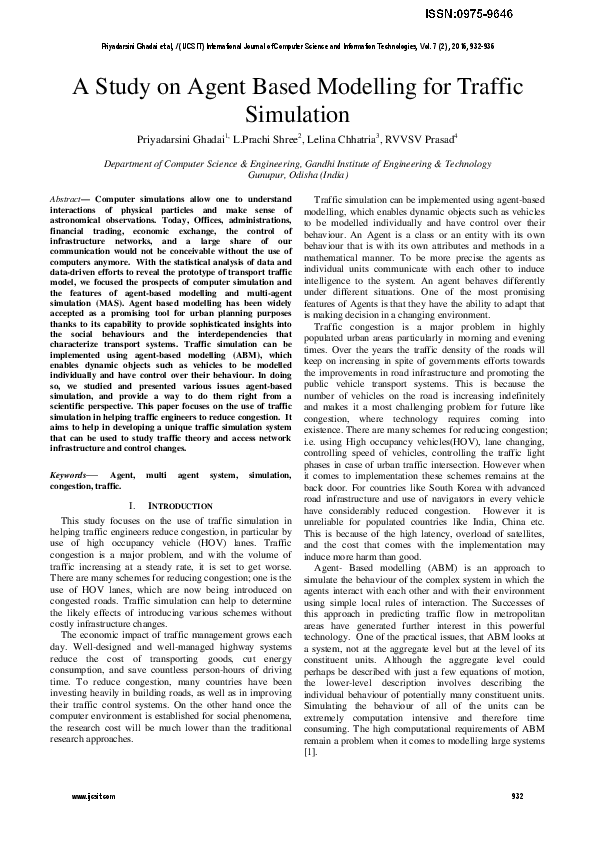 (PDF) A Study on Agent Based Modelling for Traffic Simulation