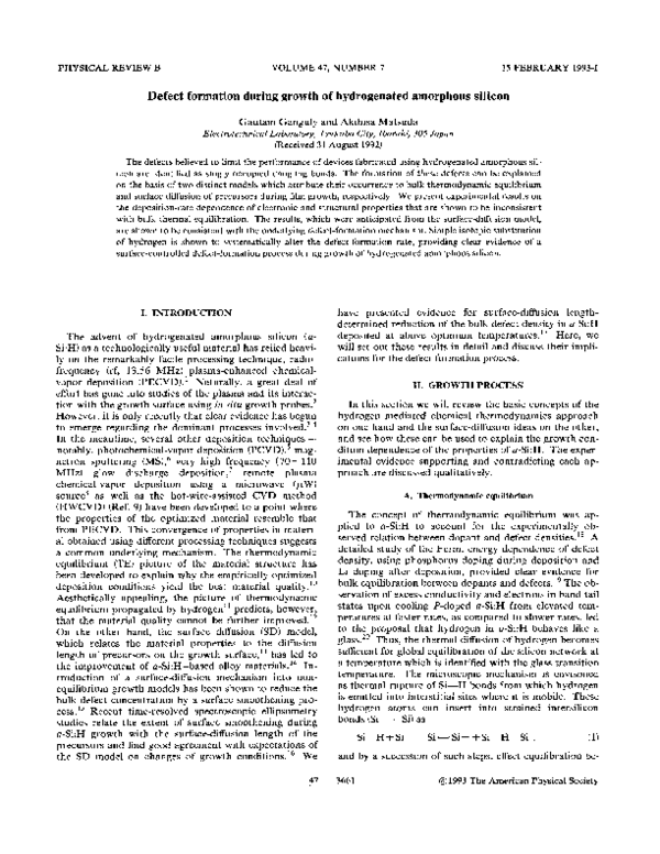 (PDF) Defect formation during growth of hydrogenated amorphous silicon
