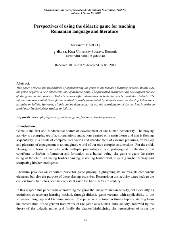 (PDF) Perspectives of using the didactic game for teaching Romanian ...
