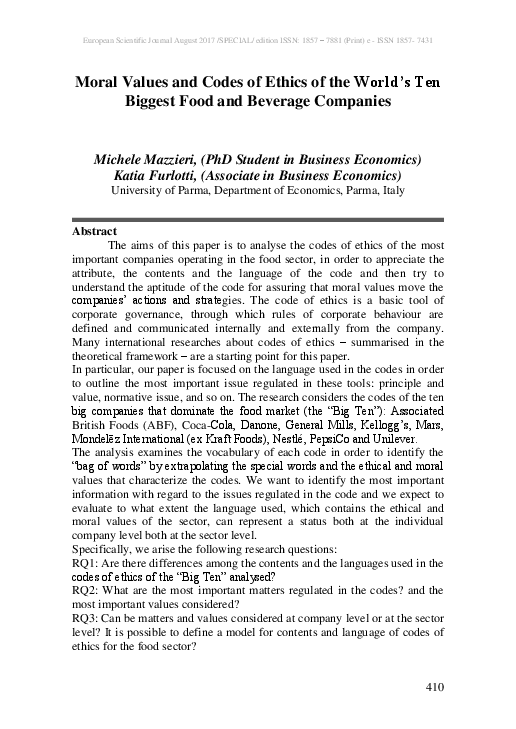 (PDF) Moral Values and Codes of Ethics of the World's Ten Biggest Food ...