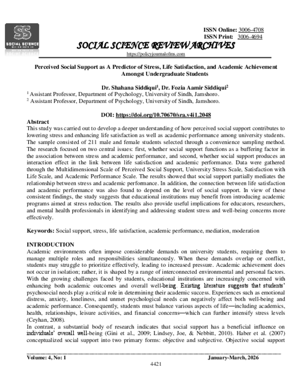 (PDF) Perceived Social Support as A Predictor of Stress, Life ...