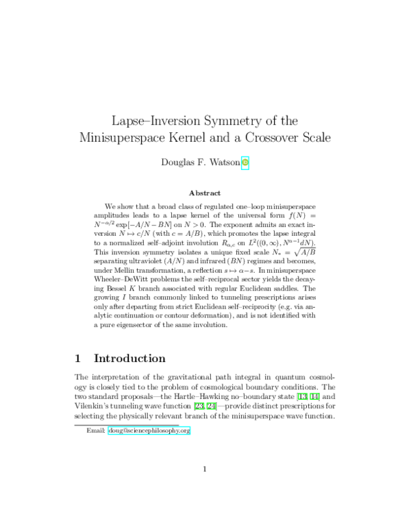 (PDF) Lapse-Inversion Symmetry of the Minisuperspace Kernel and a ...