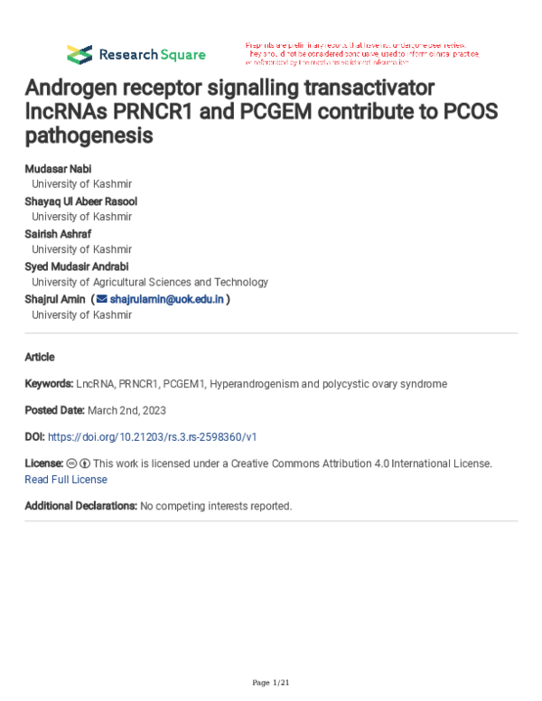 (PDF) Androgen receptor signalling transactivator lncRNAs PRNCR1 and ...