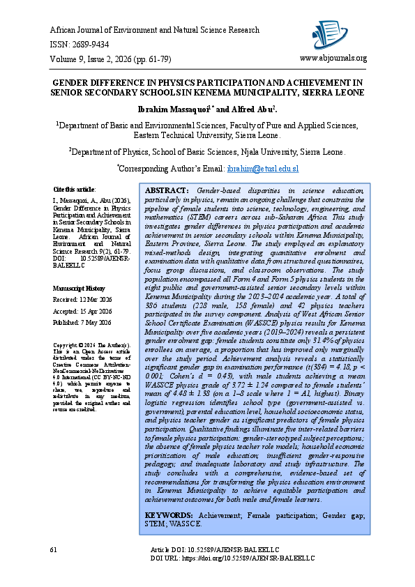(PDF) GENDER DIFFERENCE IN PHYSICS PARTICIPATION AND ACHIEVEMENT IN ...