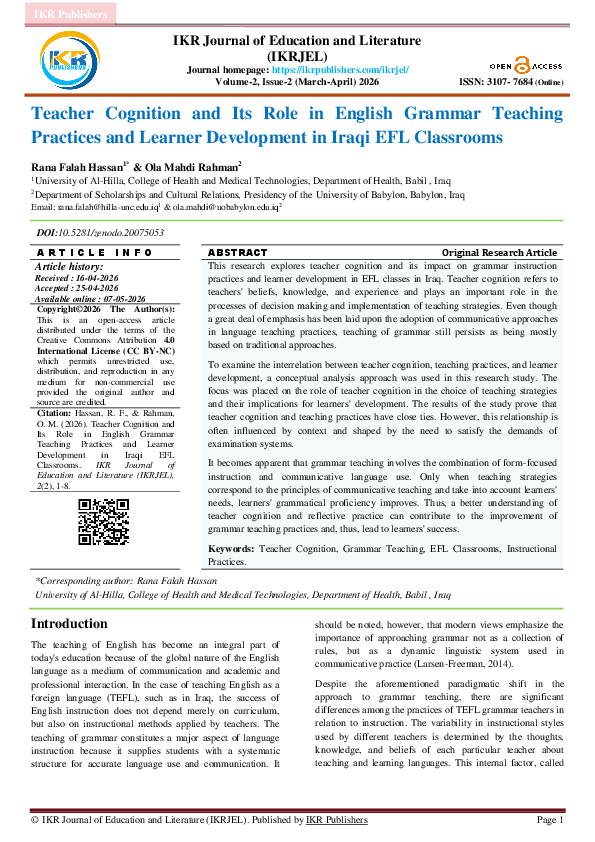 (PDF) Teacher Cognition and Its Role in English Grammar Teaching ...