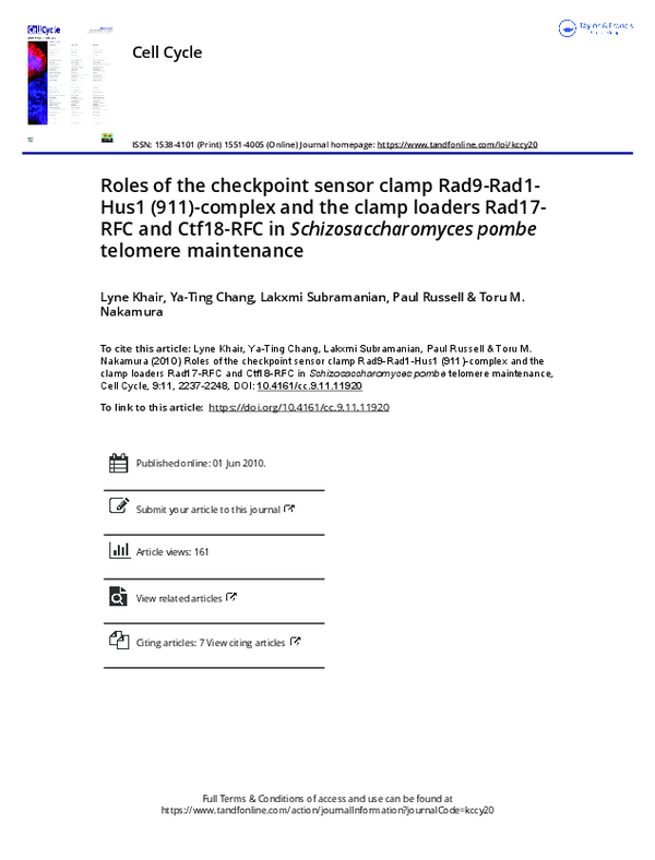 (PDF) Roles of the checkpoint sensor clamp Rad9-Rad1-Hus1 (911)-complex ...